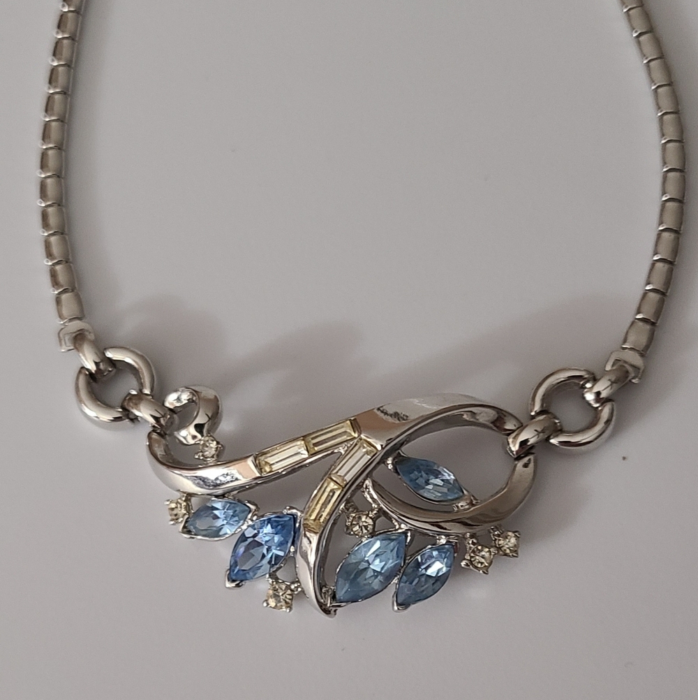 Vintage Trifari Alfred Philippe Silver Blue Rhinestones Pat Pending Choker Neckl